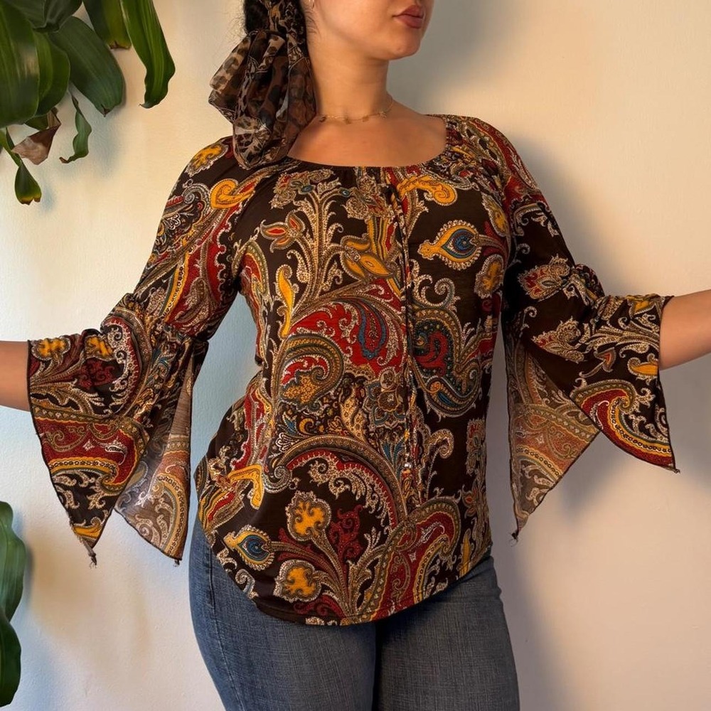 Naif Brown Paisley Bell Sleeve Blouse Whimsigoth Boho Top Small